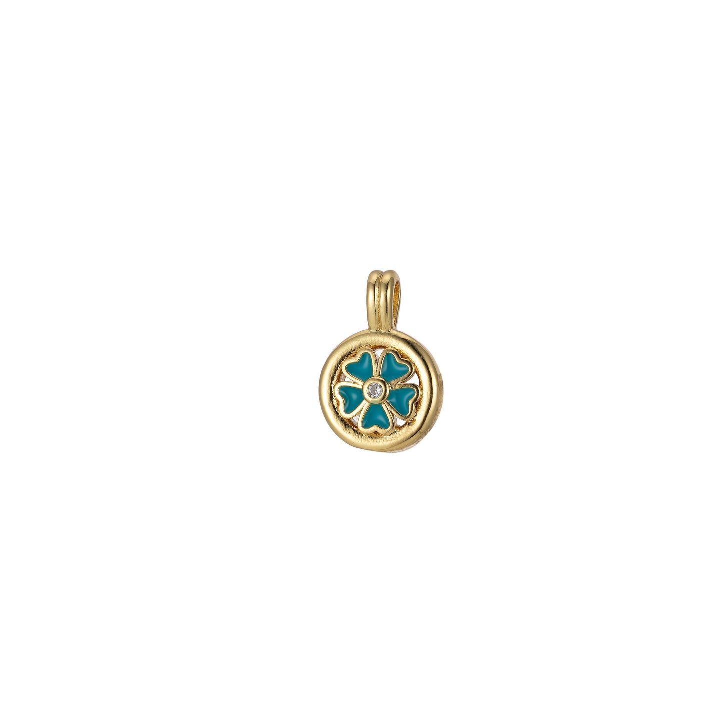 24K Gold Filled Clover Round Medalion Pendant Lucky Good Luck CZ Flower Charm Colorful Enamel Pendant, 2242