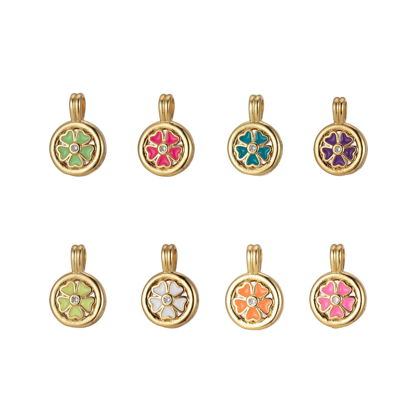 24K Gold Filled Clover Round Medalion Pendant Lucky Good Luck CZ Flower Charm Colorful Enamel Pendant, 2242