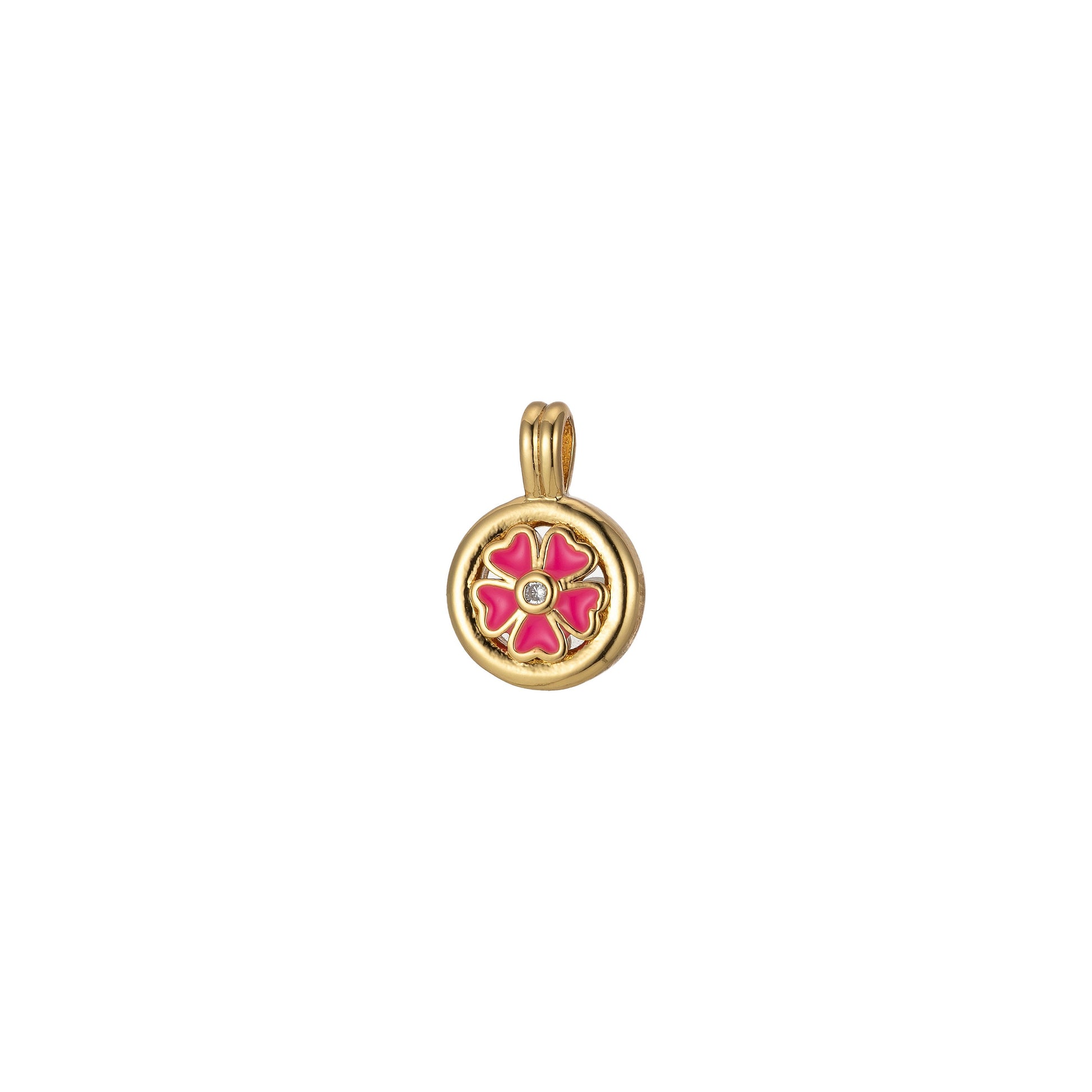 24K Gold Filled Clover Round Medalion Pendant Lucky Good Luck CZ Flower Charm Colorful Enamel Pendant, 2242