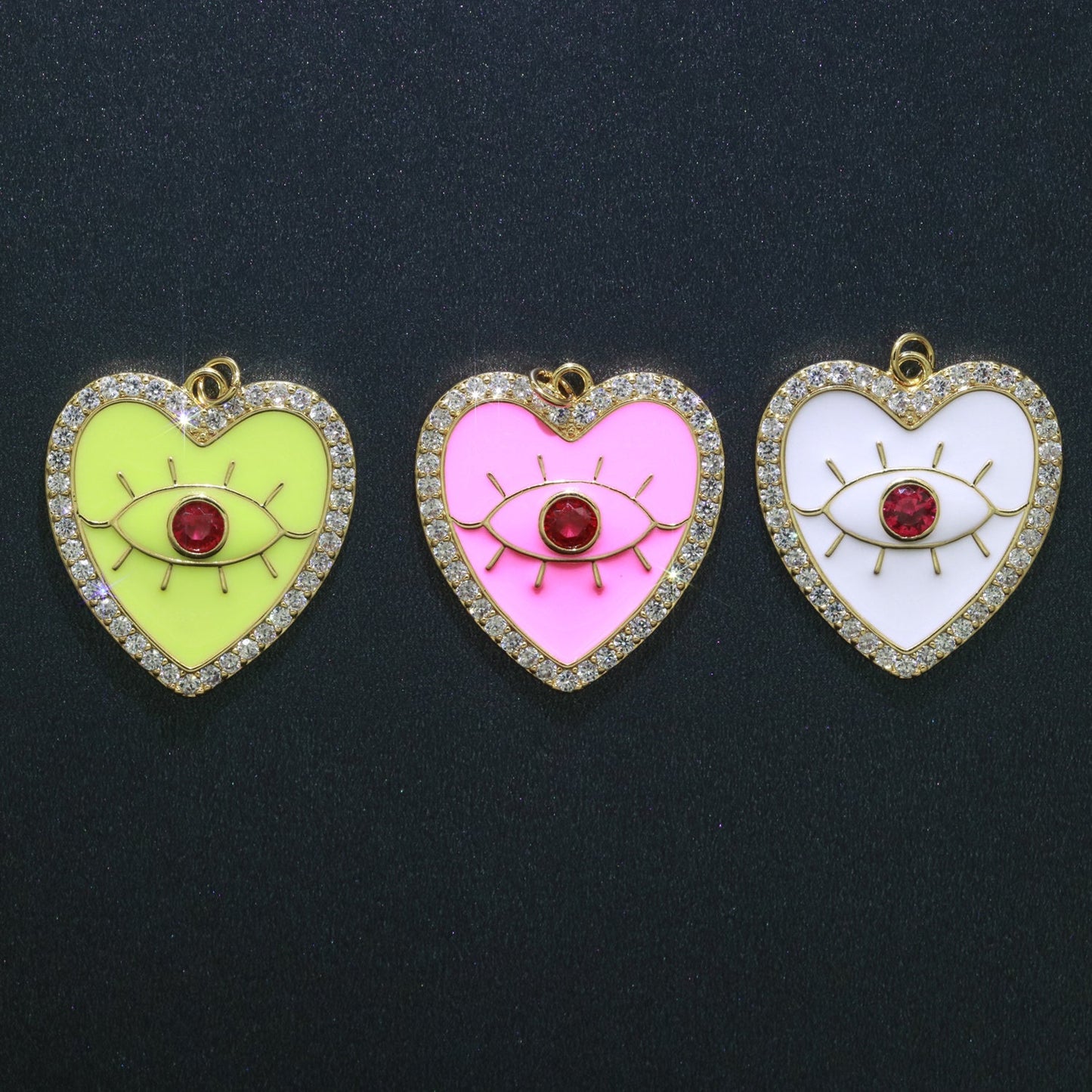 Gold Filled Enamel Pink White Yellow Evil Eye Heart Shape Pendant,Enamel Evil eye Charm,Enamel heart Jewelry Findings