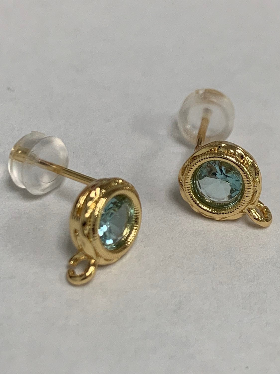 Tiny Cz Cubic Earring Post w/ open link, Nickel free, 9x7mm Design 24K gold plated brass, CZ, Earring making post 1 pair L-323