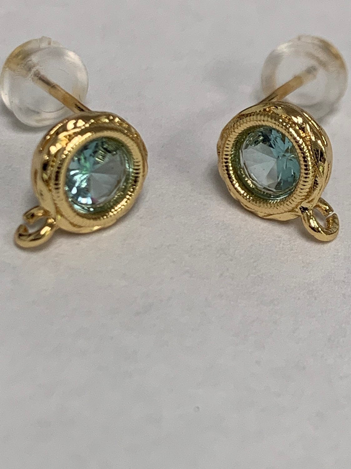 Tiny Cz Cubic Earring Post w/ open link, Nickel free, 9x7mm Design 24K gold plated brass, CZ, Earring making post 1 pair L-323
