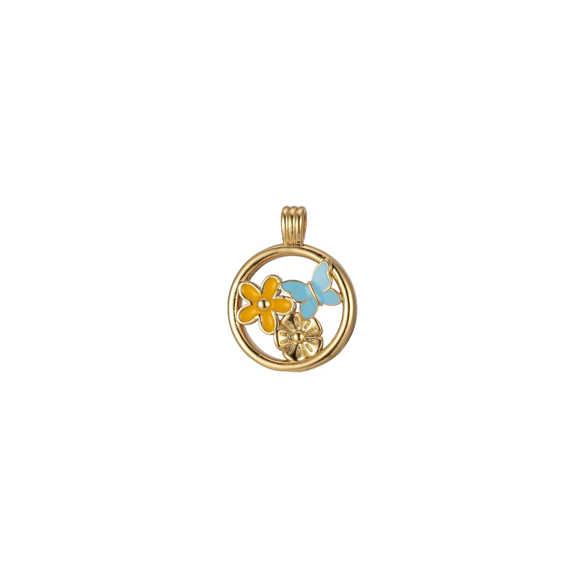 Gold Filled Daisy Round Medalion Pendant Blue Butterfly and Flower Charm Colorful Enamel Pendant, 2245