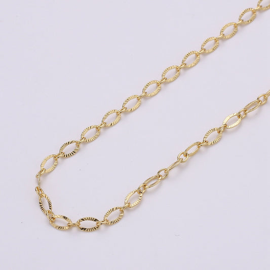 Gold Oval Rolo Chain by Yard, Sunburst Stamp Oval Link, Wholesale bulk Roll Chain for Jewelry Making, width 8.4mm, 135