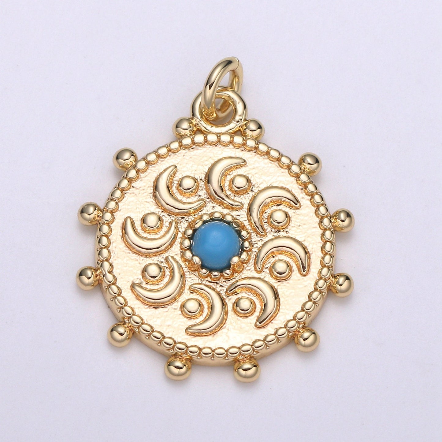 1Pc Gold chakra Charms, Dainty Turquoise Yoga charm in Round Disc Charm Medallion for Necklace, Cresent Moon Bohemian Pendant chgf-2111