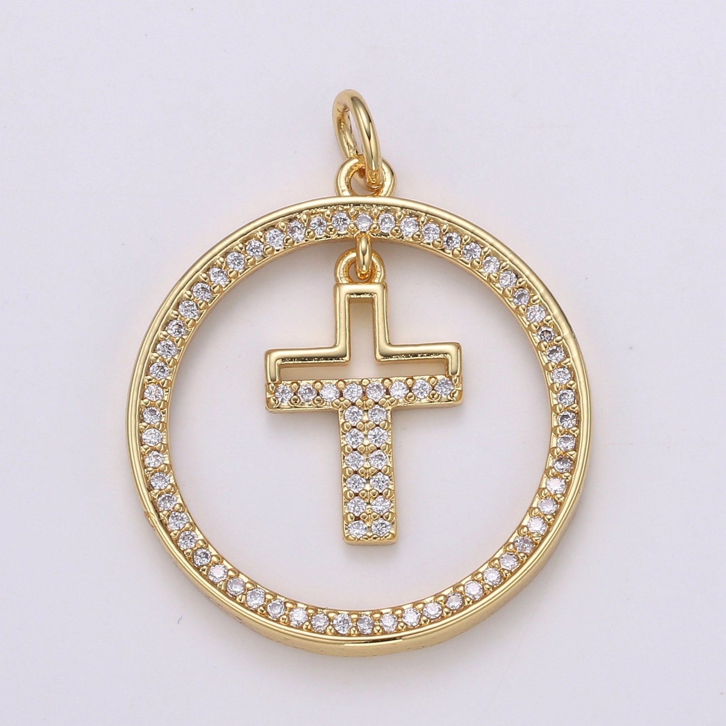Gold CZ Round Charm, Micro Pave Cz Circle Cross Pendant, 29x23mm geometric charm for necklace earring bracelet supply CHGF-2122