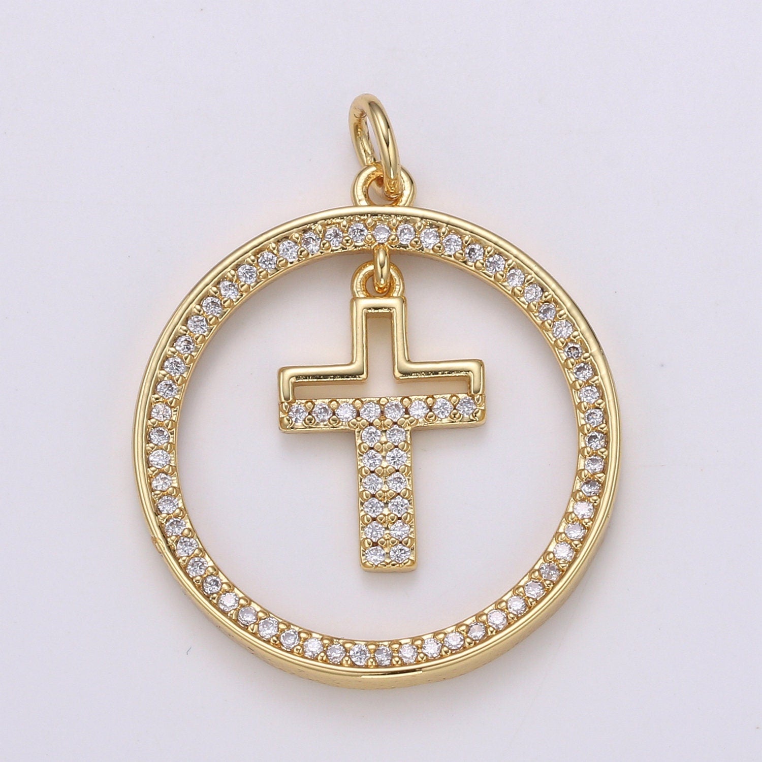 Gold CZ Round Charm, Micro Pave Cz Circle Cross Pendant, 29x23mm geometric charm for necklace earring bracelet supply CHGF-2122