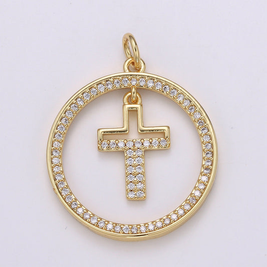 Gold CZ Round Charm, Micro Pave Cz Circle Cross Pendant, 29x23mm geometric charm for necklace earring bracelet supply CHGF-2122