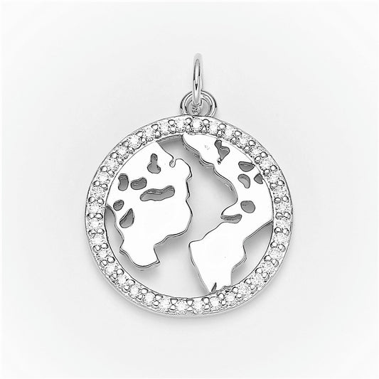 Micro Pave Clear CZ Planet of the Universe Pendant White gold Charm, Silver Star Galaxy, World Continent DIY Jewelry Necklace 