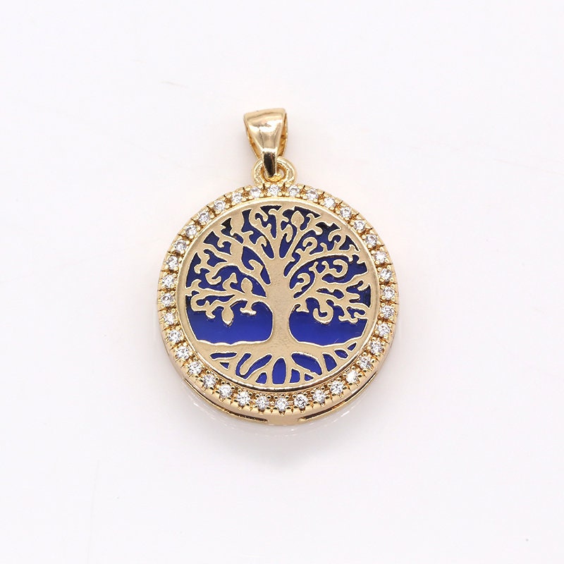 1x Shiny Gold Tree Of LIfe, CZ Bohemian Charms, Filigree Tree Charm Bracelet Necklace Micro Pave Family Boho Jewelry Making, 382