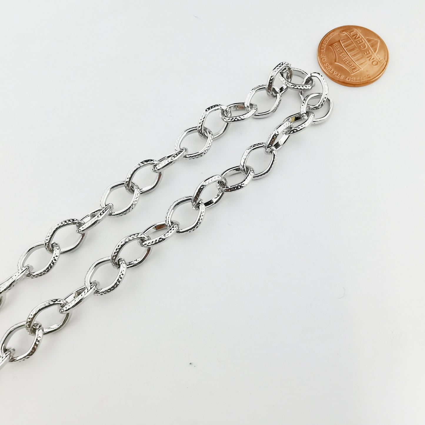 White Gold Pounded Diamond Rolo Chain by Yard, Oval Link Chain, Wholesale bulk Roll Chain for Jewelry Making, Width 7.6mm,Roll-211, 94