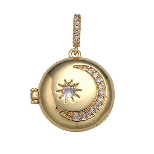 Double Sided Celestial Jewelry Gold Crescent Moon Charm Jewelry Making Supply CZ Gold Charm Rustic Coin Charm Star Jewelry, pdgf-2168