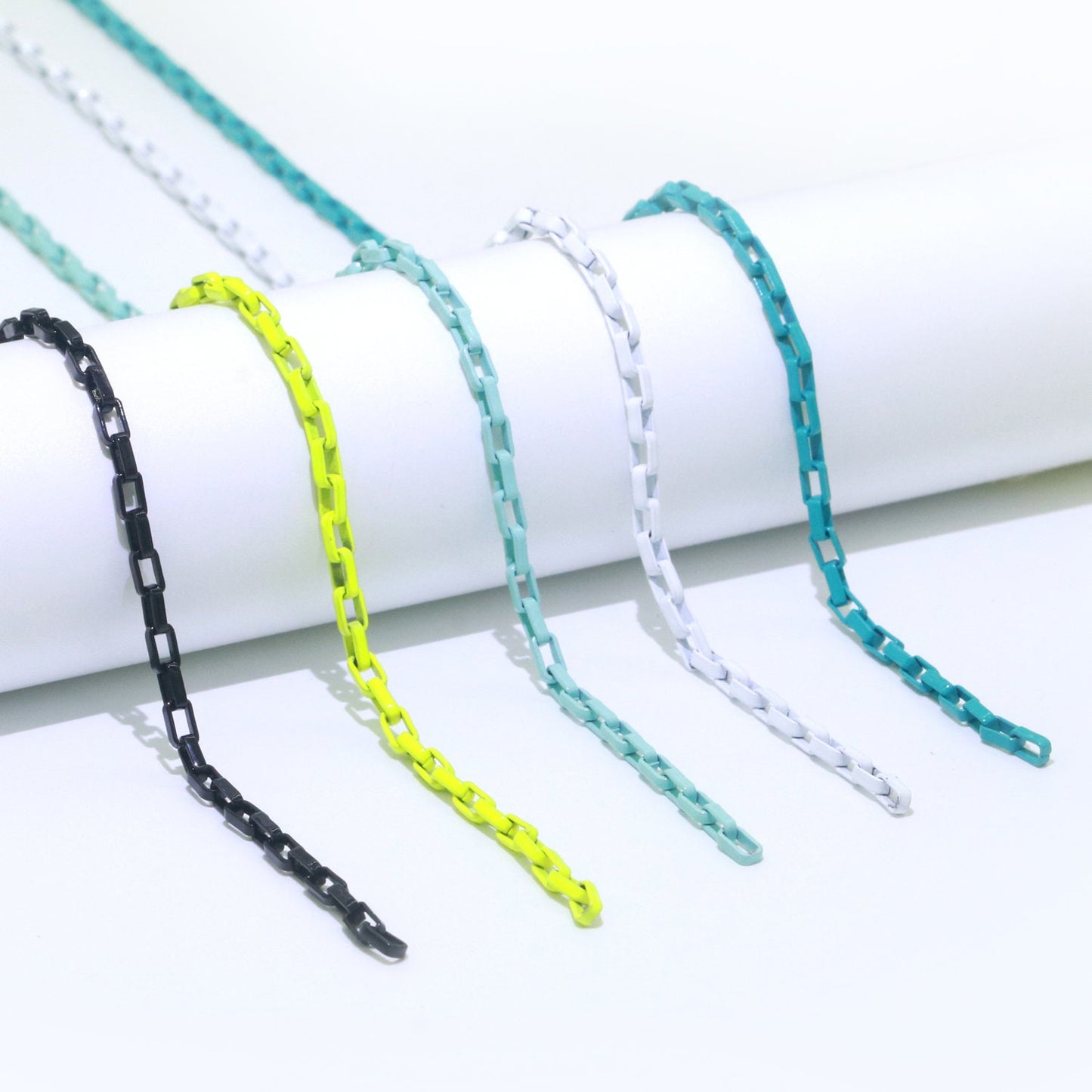 Black,Light Blue,Fuchsia,Green and Orange Color Fancy Enamel Link Rolo Cable Chain by Yard, Square Link Chain by Yard, 2.7mm, Roll-541 ~ 545