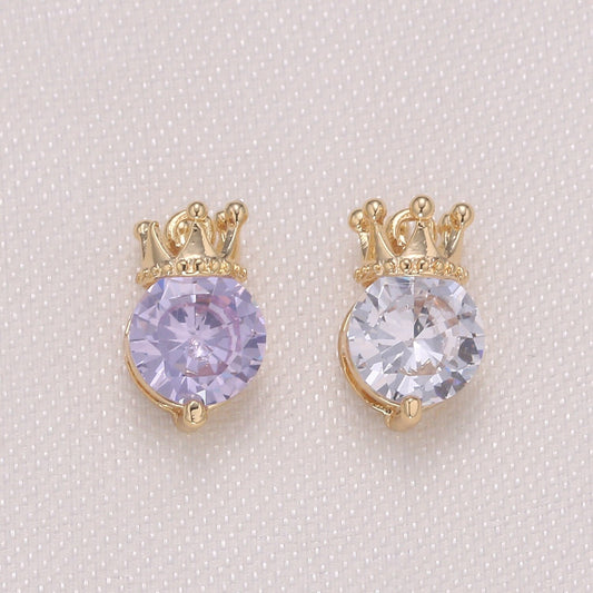 1x Mini Solitaire CZ Charm, Crown Pendant, Clear Micro CZ Pave Round Circle Charm, 10x7mm, Jewelry Findings -979,-980