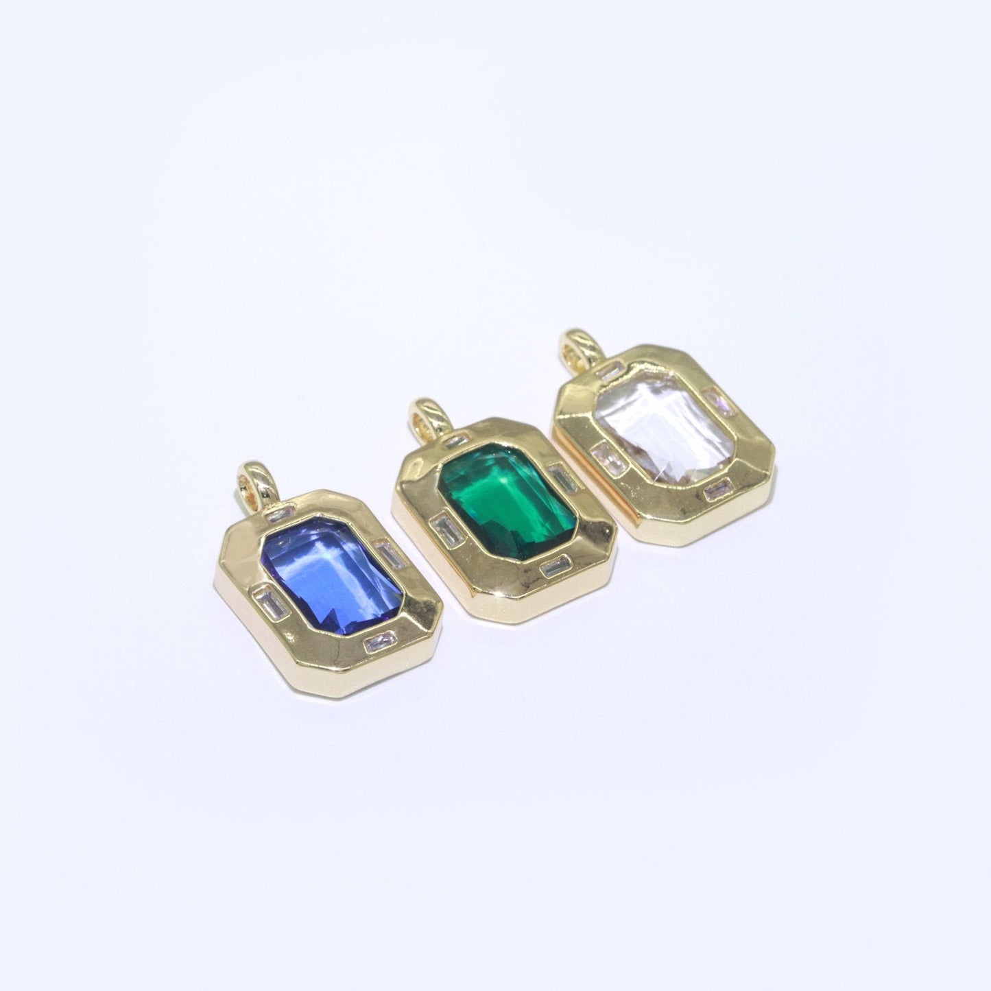 Dainty Medallion Charm Octagon Shape Pendant, 14K Gold Filled CZ Cubic Zirconia Clear Blue Gren Charm for Necklace Bracelet Component