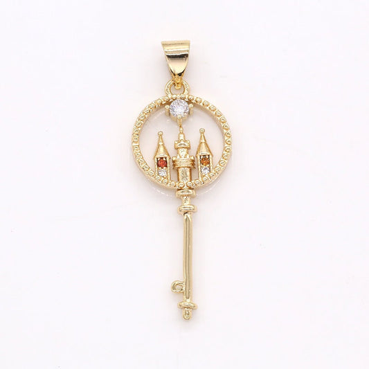 Dainty 14k Gold Filled Key Pendant Charm, Cute Castle Key Pendant Micro Pave Unique Design Fantasy For DIY Jewelry Making Supply, 404