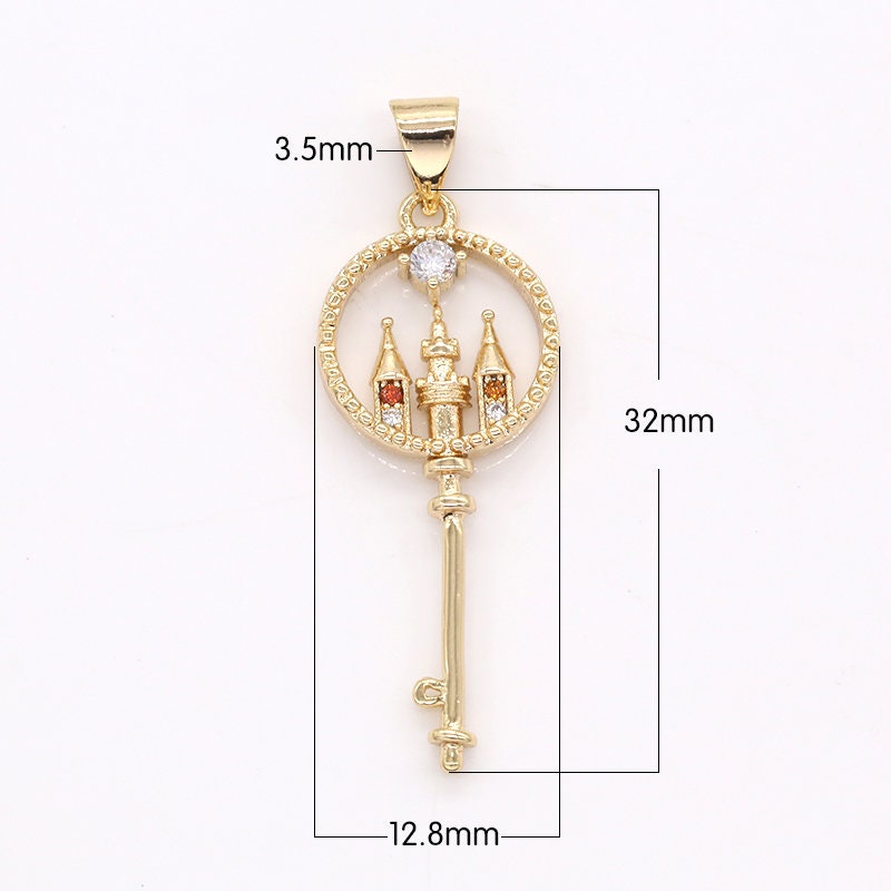 Dainty 14k Gold Filled Key Pendant Charm, Cute Castle Key Pendant Micro Pave Unique Design Fantasy For DIY Jewelry Making Supply, 404