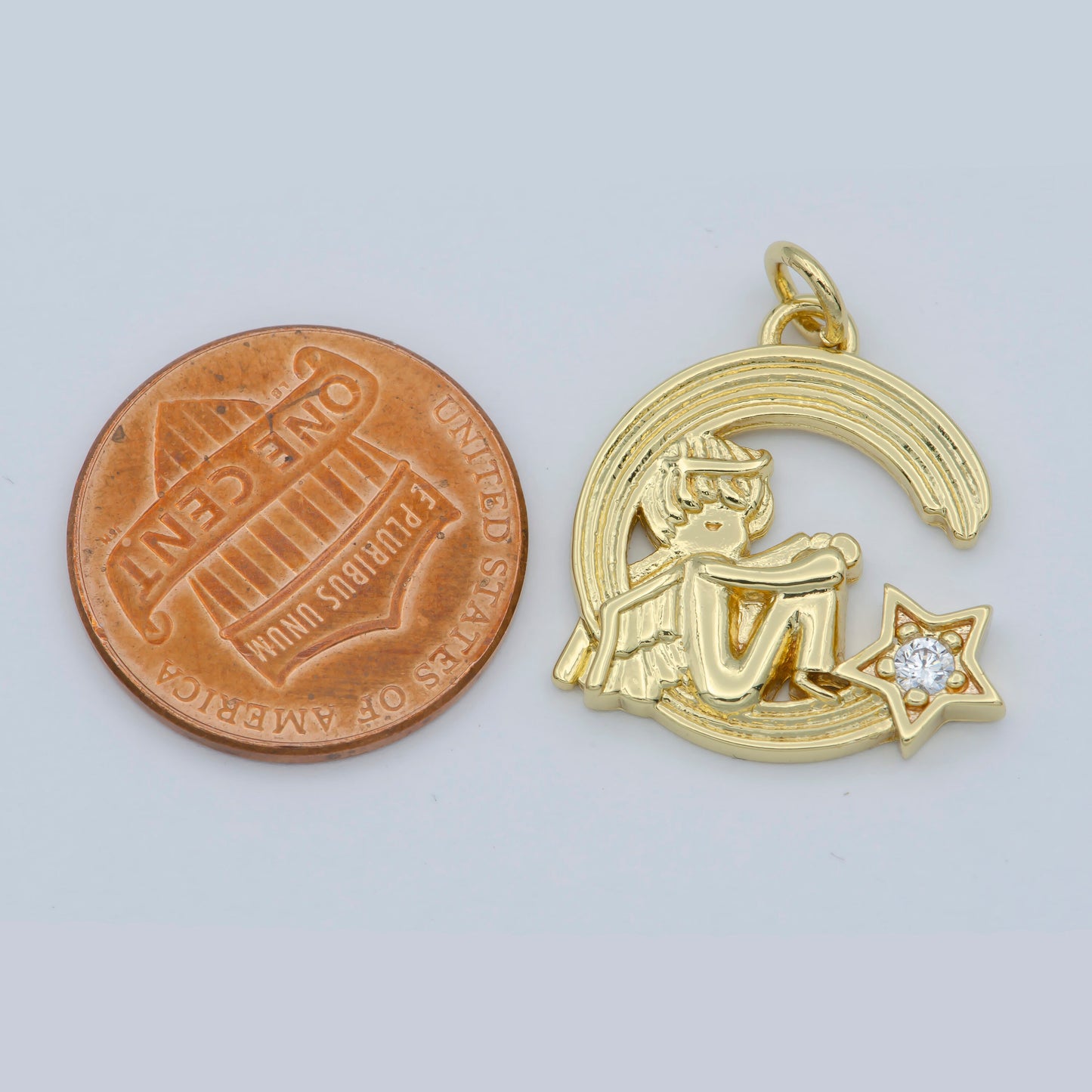 CZ Micro Pave Cherub Angel On Cresent Moon Shape Pendant, Gold Filled Charm Pendant, Necklace Bracelet Component M-356