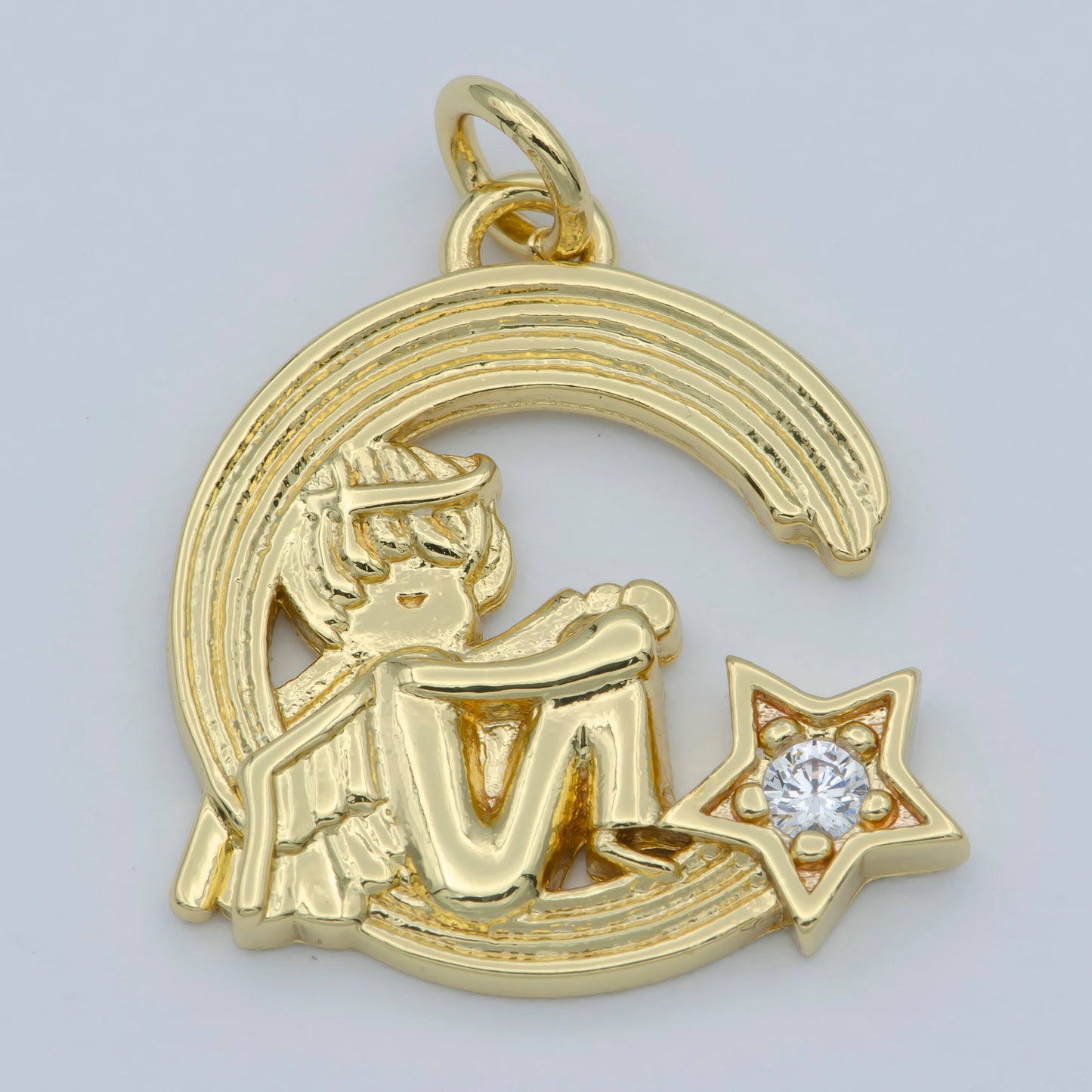 CZ Micro Pave Cherub Angel On Cresent Moon Shape Pendant, Gold Filled Charm Pendant, Necklace Bracelet Component M-356