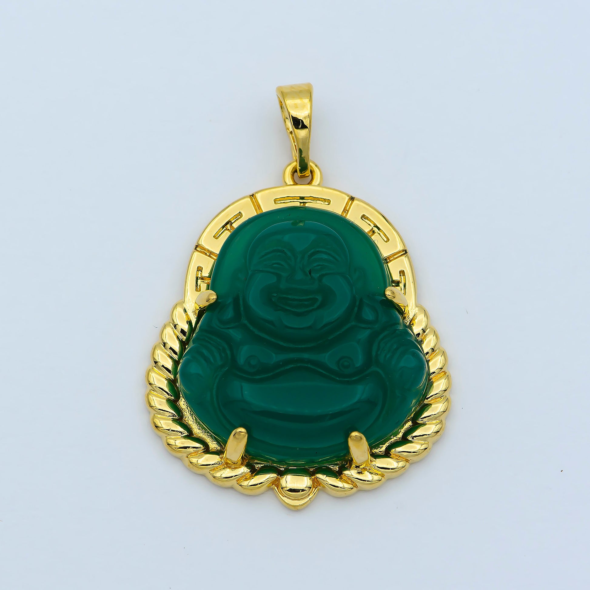 Dark Green Buddha Pendant 24K Gold Filled Green Jade Buddha Pendant Laughing Buddha Charm Unisex Necklace for Religious Jewelry Supply AH325