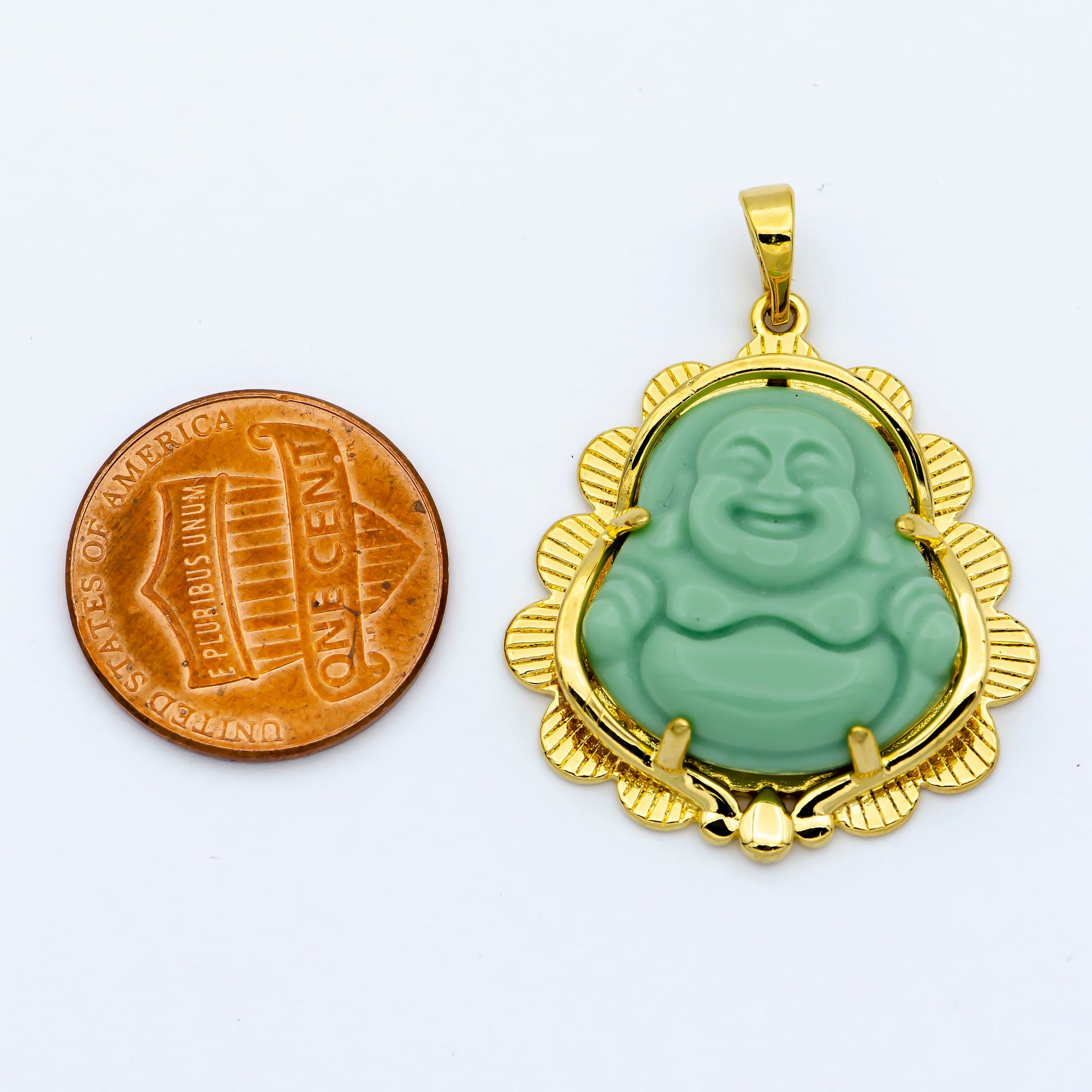 Light Green Buddha Pendant 24K Gold Filled Green Jade Buddha Pendant Laughing Buddha Charm Unisex Necklace for Religious Jewelry Supply