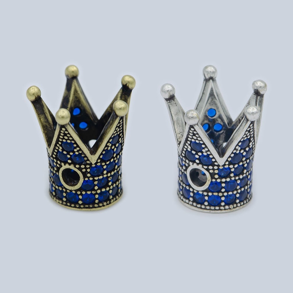 Dainty Blue Crown Beads Spacer Antique Gold, Silver Micro Pave Royal King Crown Beads, Cubic Zirconia Spacer Bracelet Component