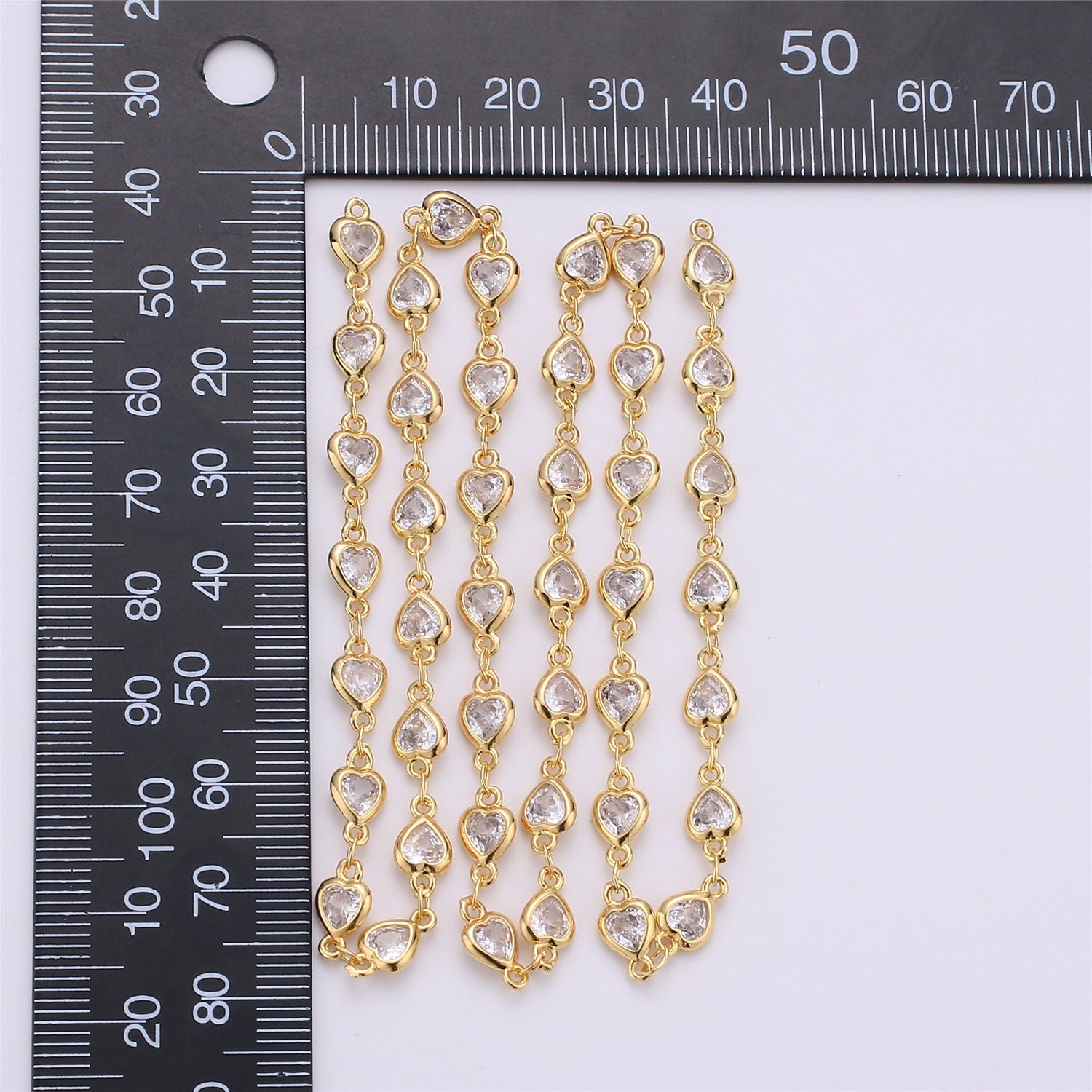 14K Gold Micro Pave Heart Charm Chain by Yard, Micro Pave CZ Heart Charm Specialty Link Chain, CZ Charm size 9x4mm, Roll- 117, 118