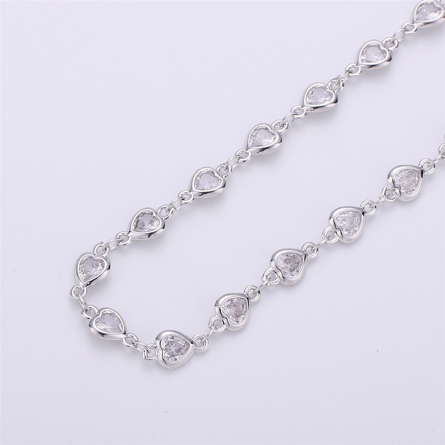 14K Gold Micro Pave Heart Charm Chain by Yard, Micro Pave CZ Heart Charm Specialty Link Chain, CZ Charm size 9x4mm, Roll- 117, 118