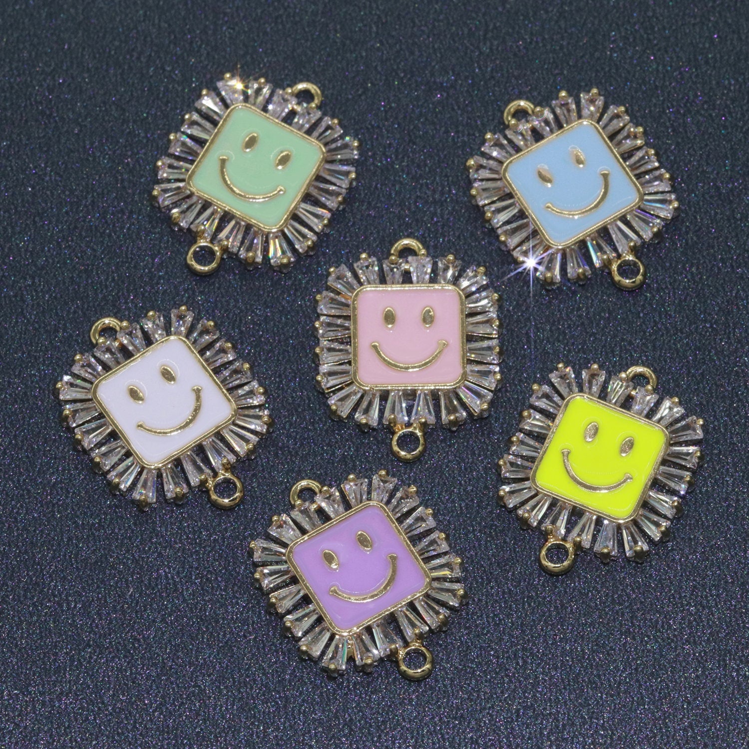 Square Smile Face Charm Cubic Happy Face Pendant for Necklace Earring Component Enamel Y2K Jewelry Trend White Teal Pink Blue F-844