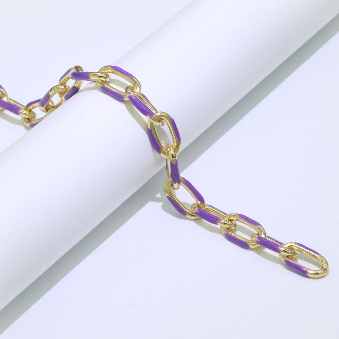 24K Gold Multi color Enamel Rolo Cable Paperclip Chain by Yard, Link Cable Thick Elongate Chain, Wholesale bulk Roll Chain Jewelry 522- 526