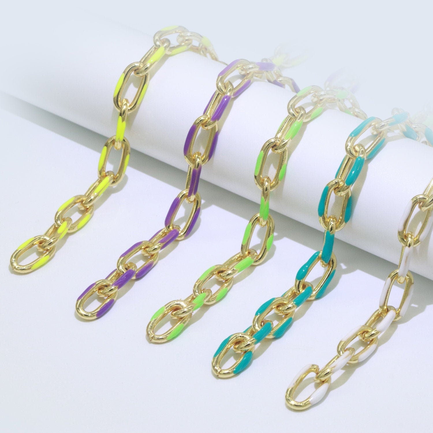 24K Gold Multi color Enamel Rolo Cable Paperclip Chain by Yard, Link Cable Thick Elongate Chain, Wholesale bulk Roll Chain Jewelry 522- 526