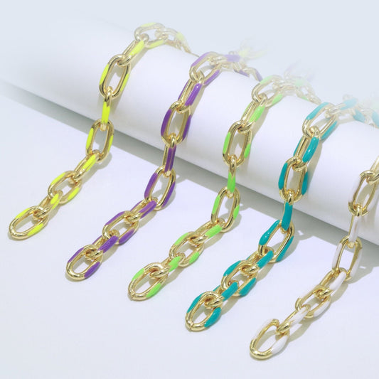 24K Gold Multi color Enamel Rolo Cable Paperclip Chain by Yard, Link Cable Thick Elongate Chain, Wholesale bulk Roll Chain Jewelry 522- 526