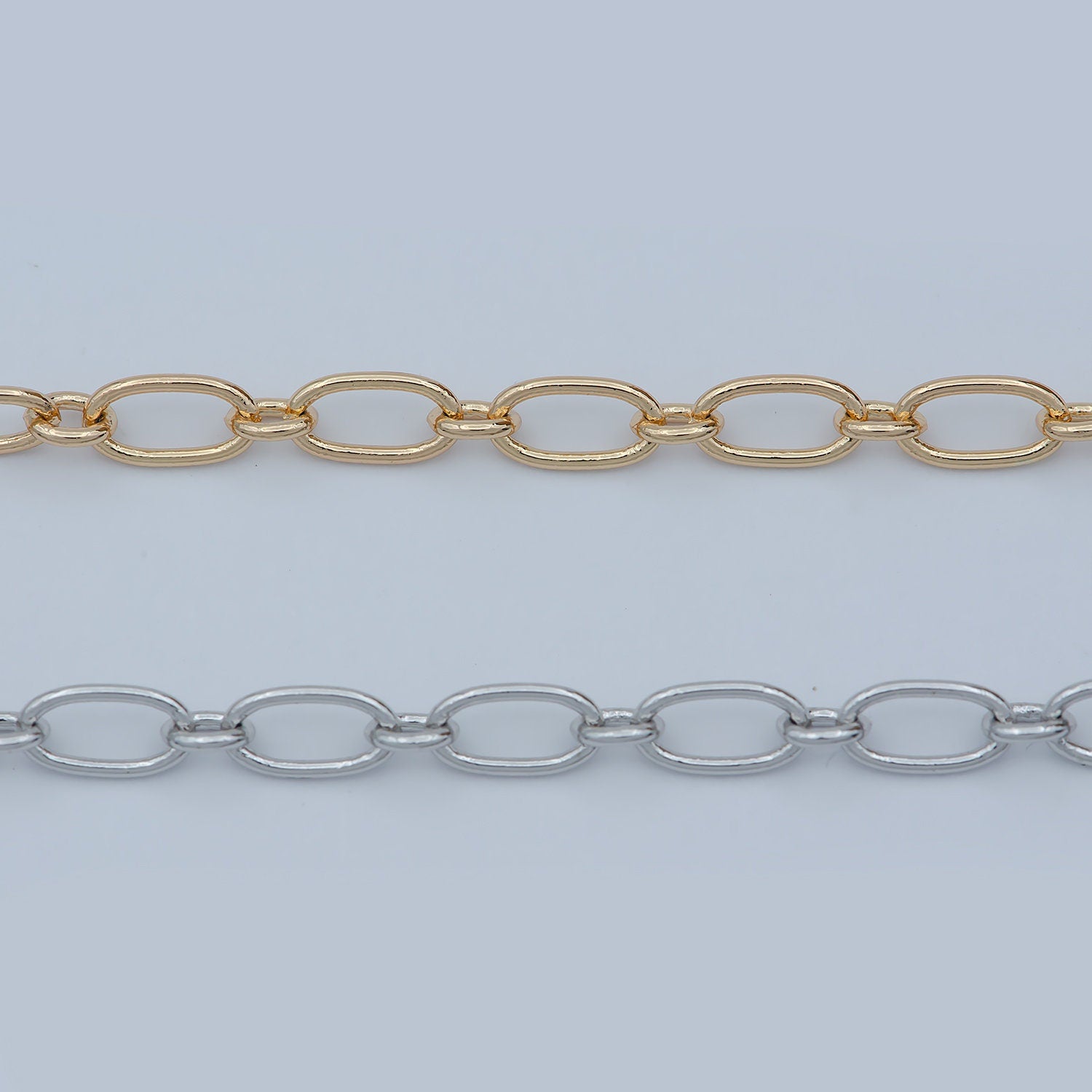 18K Gold Rolo Cable Paperclip Chain by Yard, Silver Rolo Elongate Chain, Wholesale bulk Roll Chain for Jewelry Making, xp-008, xp-011