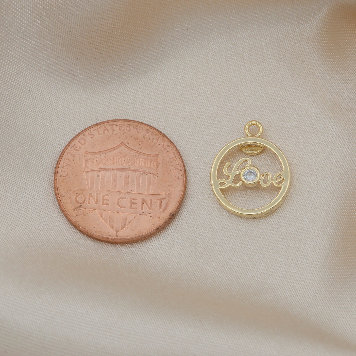 Mini Gold Love Cursive Circle Coin Outline Love Charm, Best Friends Mother Daughter Inspirational Word Charm Cubic cz Charm -409
