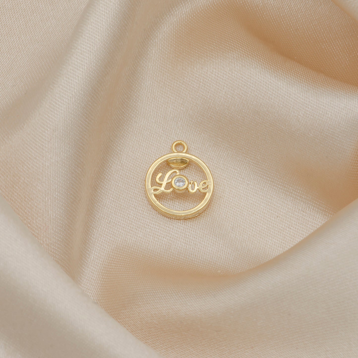 Mini Gold Love Cursive Circle Coin Outline Love Charm, Best Friends Mother Daughter Inspirational Word Charm Cubic cz Charm -409