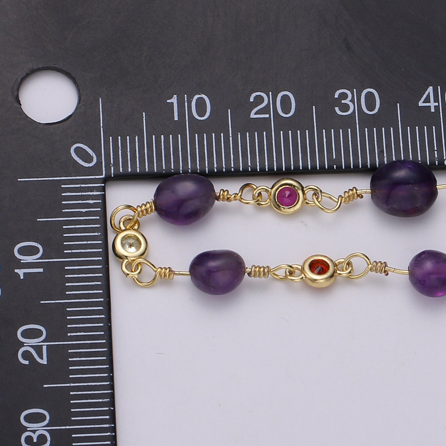 Purple Amethyst GemStone Micro Pave Charm 24K Gold Filled Chain by Yard Cubic Round Charm Chain, Semi precious Stone Chain, Roll-337