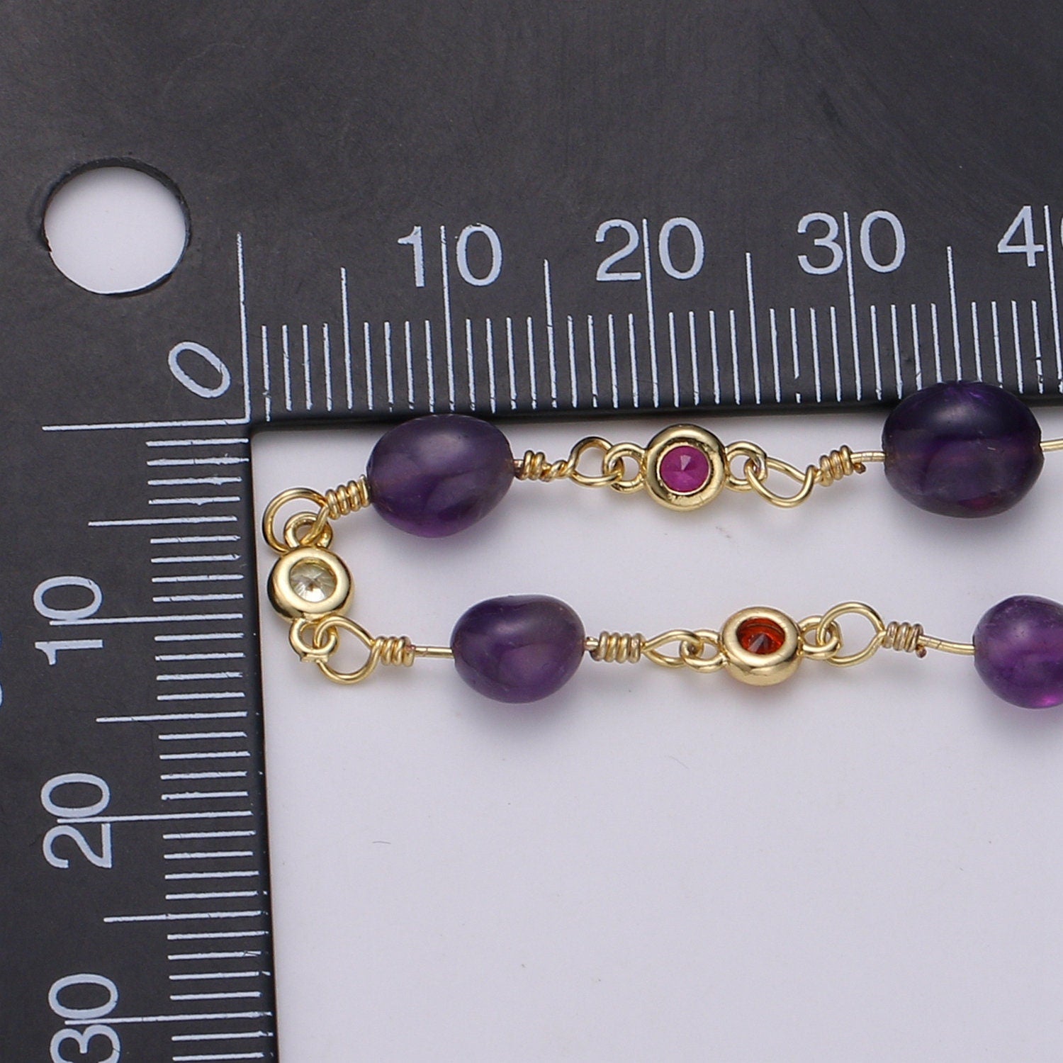 Purple Amethyst GemStone Micro Pave Charm 24K Gold Filled Chain by Yard Cubic Round Charm Chain, Semi precious Stone Chain, Roll-337