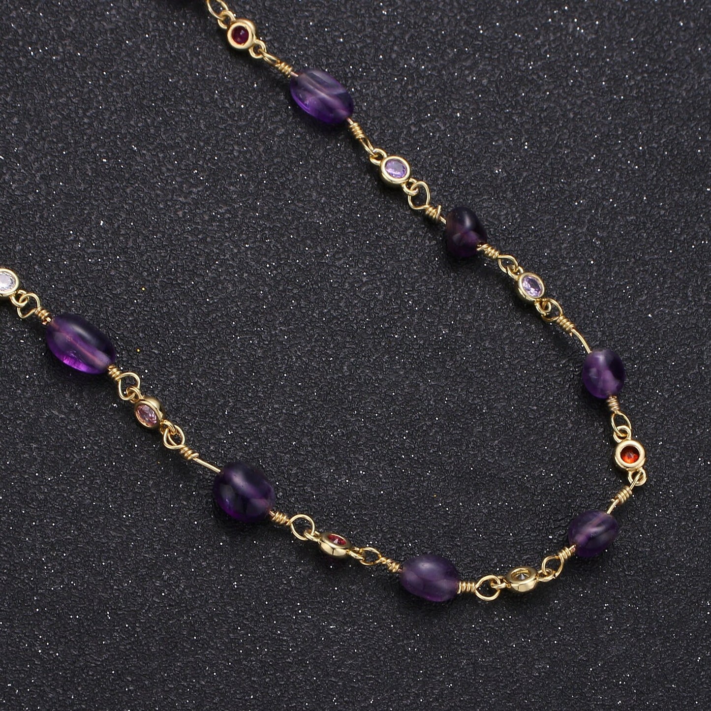 Purple Amethyst GemStone Micro Pave Charm 24K Gold Filled Chain by Yard Cubic Round Charm Chain, Semi precious Stone Chain, Roll-337