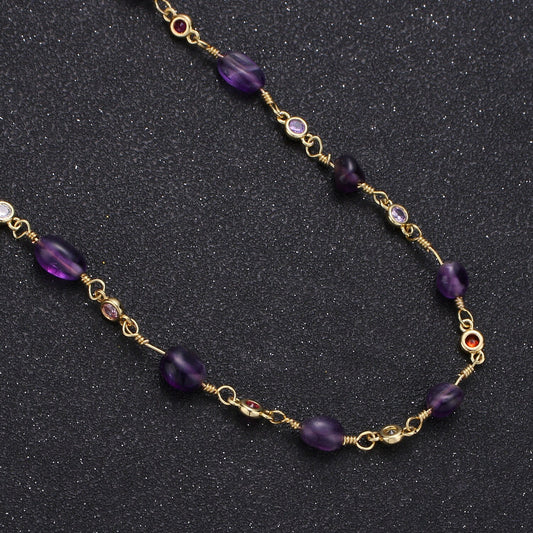 Purple Amethyst GemStone Micro Pave Charm 24K Gold Filled Chain by Yard Cubic Round Charm Chain, Semi precious Stone Chain, Roll-337
