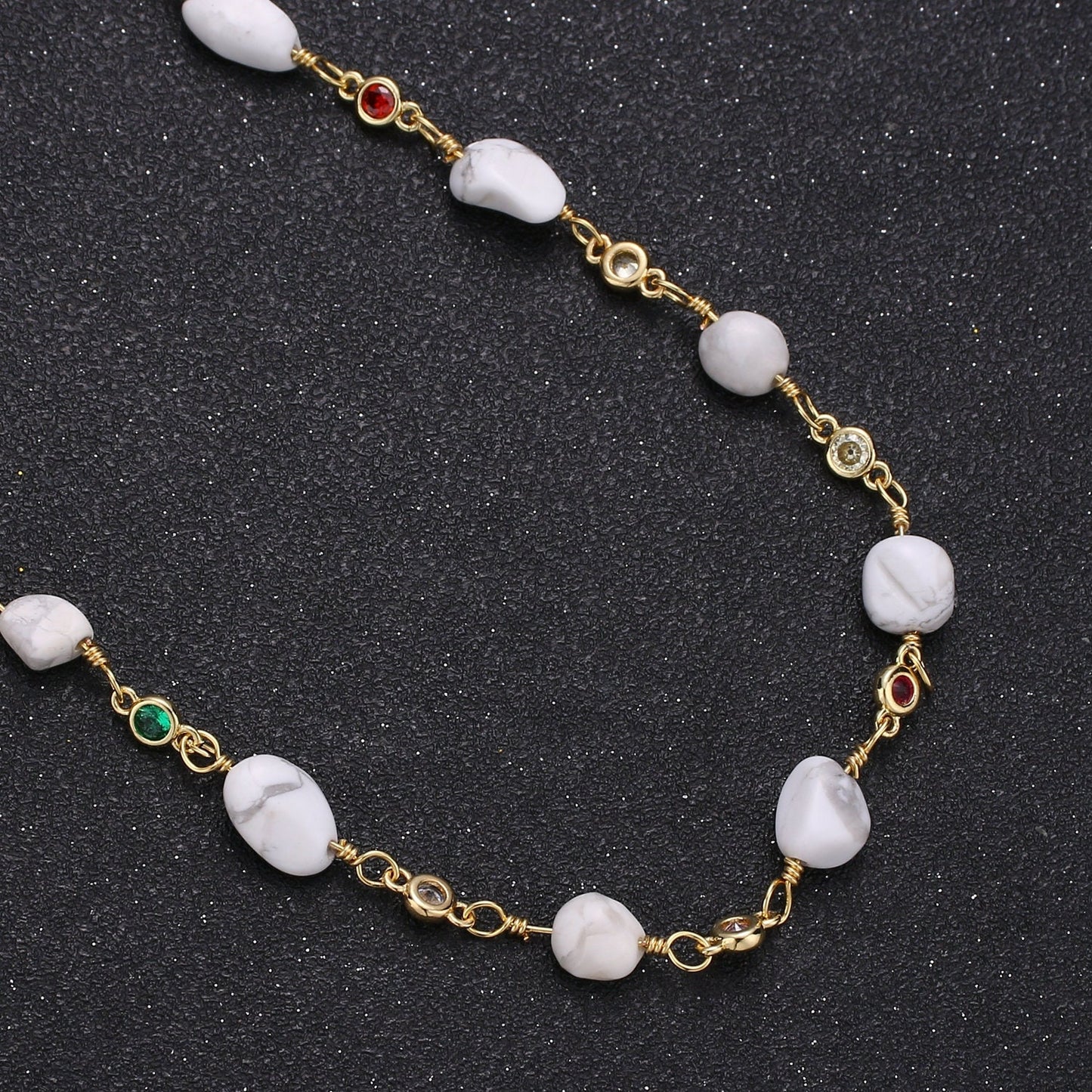 Howlite GemStone Micro Pave Charm 24K Gold Filled Chain by Yard Cubic Round Charm Chain, Semi precious Stone Chain, Roll-337