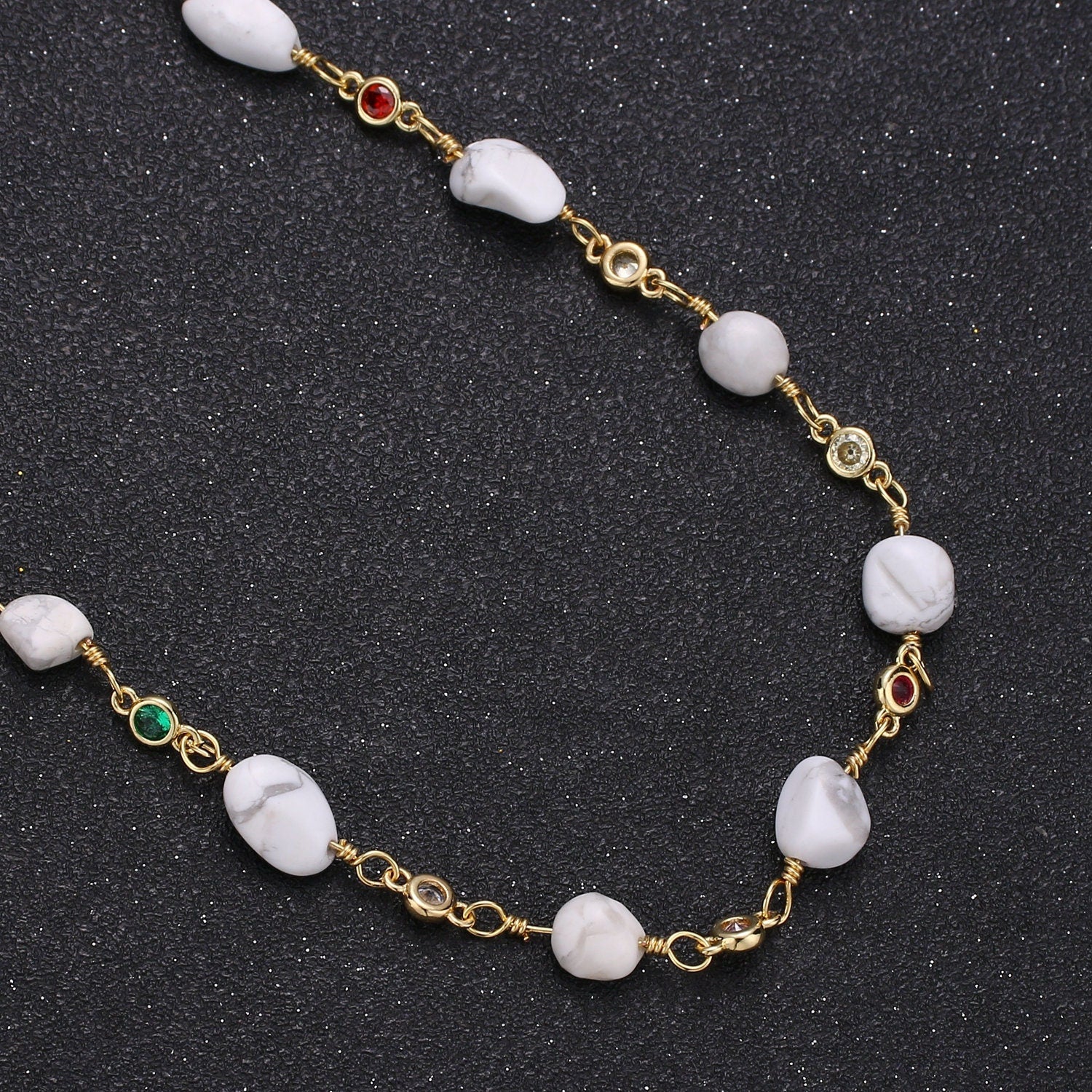 Howlite GemStone Micro Pave Charm 24K Gold Filled Chain by Yard Cubic Round Charm Chain, Semi precious Stone Chain, Roll-337
