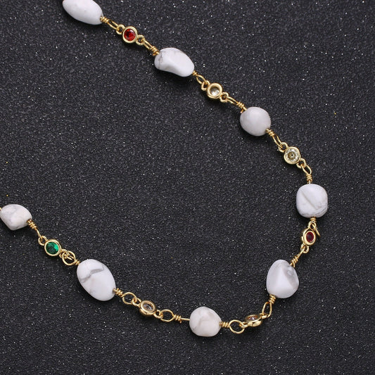 Howlite GemStone Micro Pave Charm 24K Gold Filled Chain by Yard Cubic Round Charm Chain, Semi precious Stone Chain, Roll-337