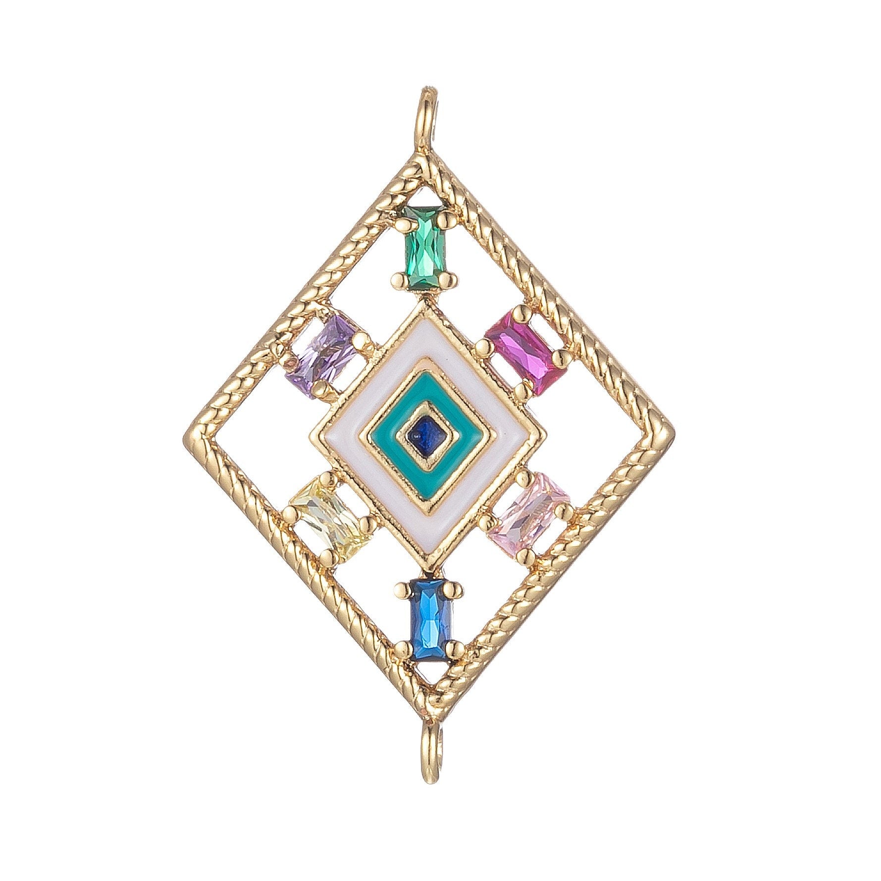 Gold Filled Rhombus Charm Connector Multi Color CZ Geometric Charm Bracelet Earring Necklace Link Connetor Double Bail Charm