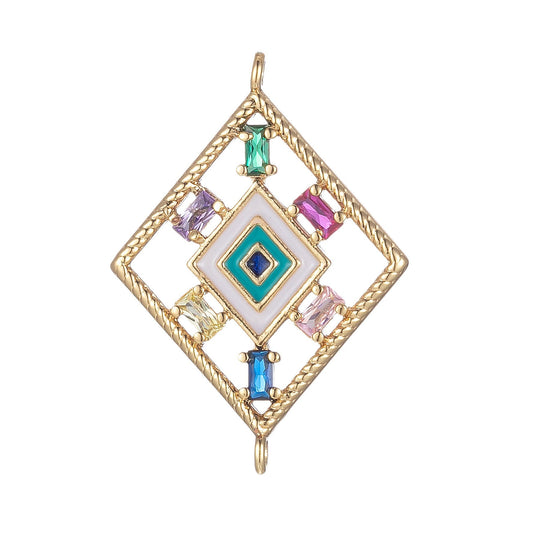 Gold Filled Rhombus Charm Connector Multi Color CZ Geometric Charm Bracelet Earring Necklace Link Connetor Double Bail Charm