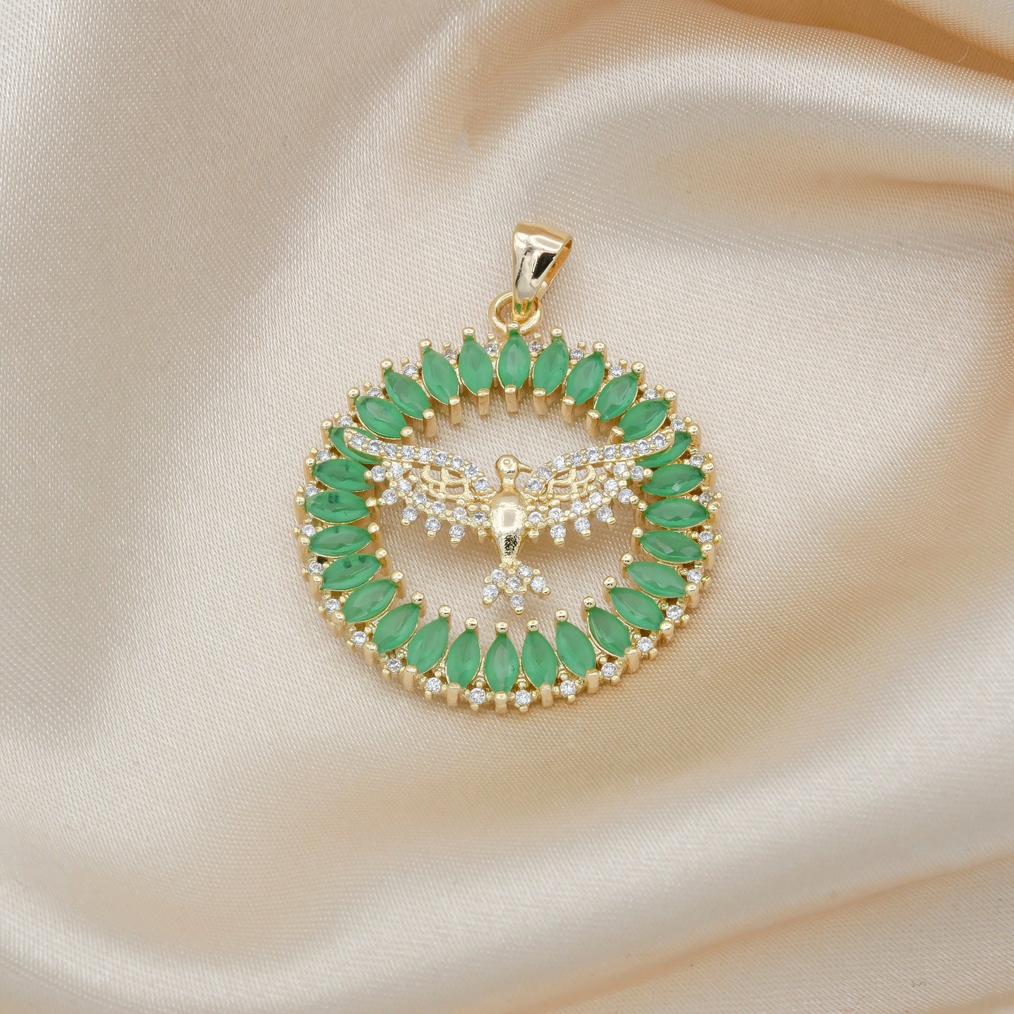 Green Cubic Round Pendant - Victory Bird Charm- Wreath of CZ Pave Wheel Pendant Jewelry Pendant for Necklace Earring Supply -497