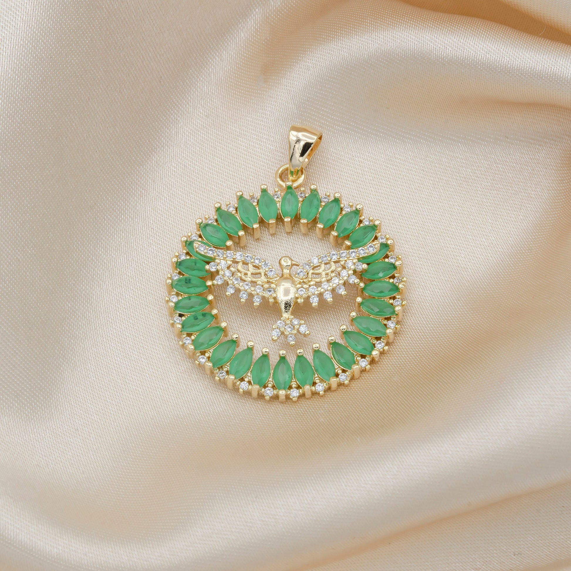 Green Cubic Round Pendant - Victory Bird Charm- Wreath of CZ Pave Wheel Pendant Jewelry Pendant for Necklace Earring Supply -497