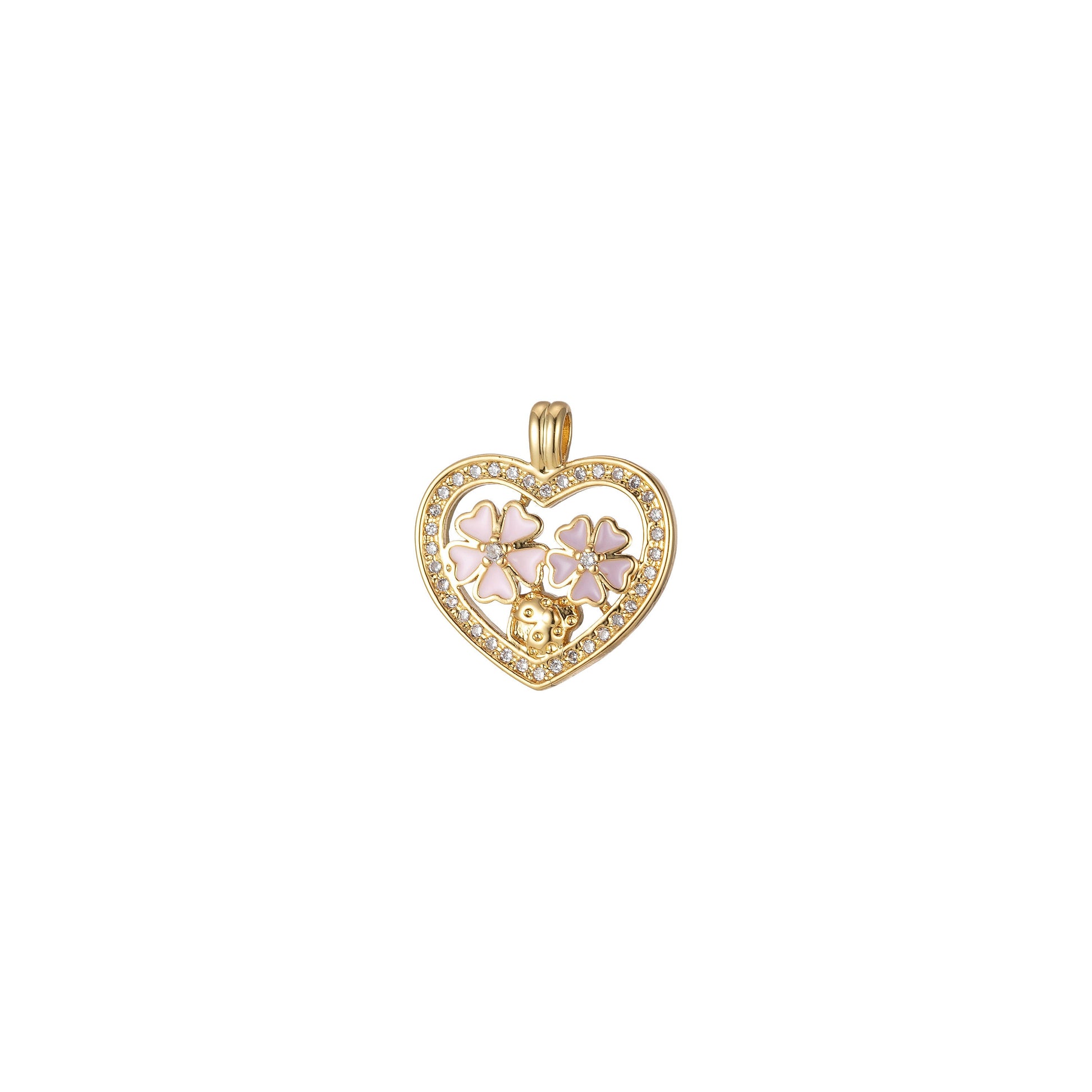 Mini Gold Heart Cubic Pave Charms, Enamel Pink FlowerLove Charm, Cz Charm ,Gold Love Lock charm Relationship Jewelry Inspired, 2244