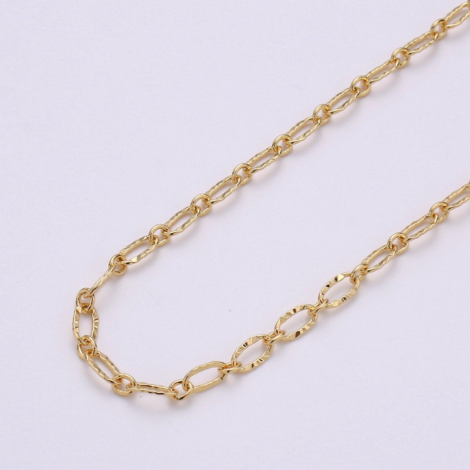 Gold Pounded Oval Chain by Yard, Sunburst Link Chain, Rolo Wholesale bulk Roll Chain for Bracelet, Necklace, Anklet Jewelry Making, 142