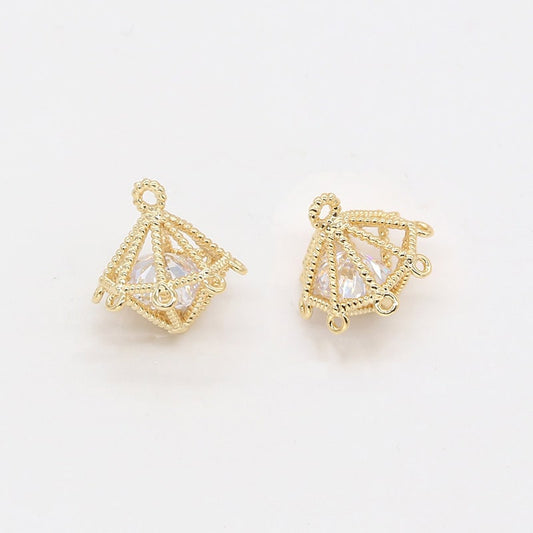 1x Gold Plated Mini Cage Pendant, Tiny Cz Dangle Charm, Spinner Charm UFO for DIY Jewelry -252