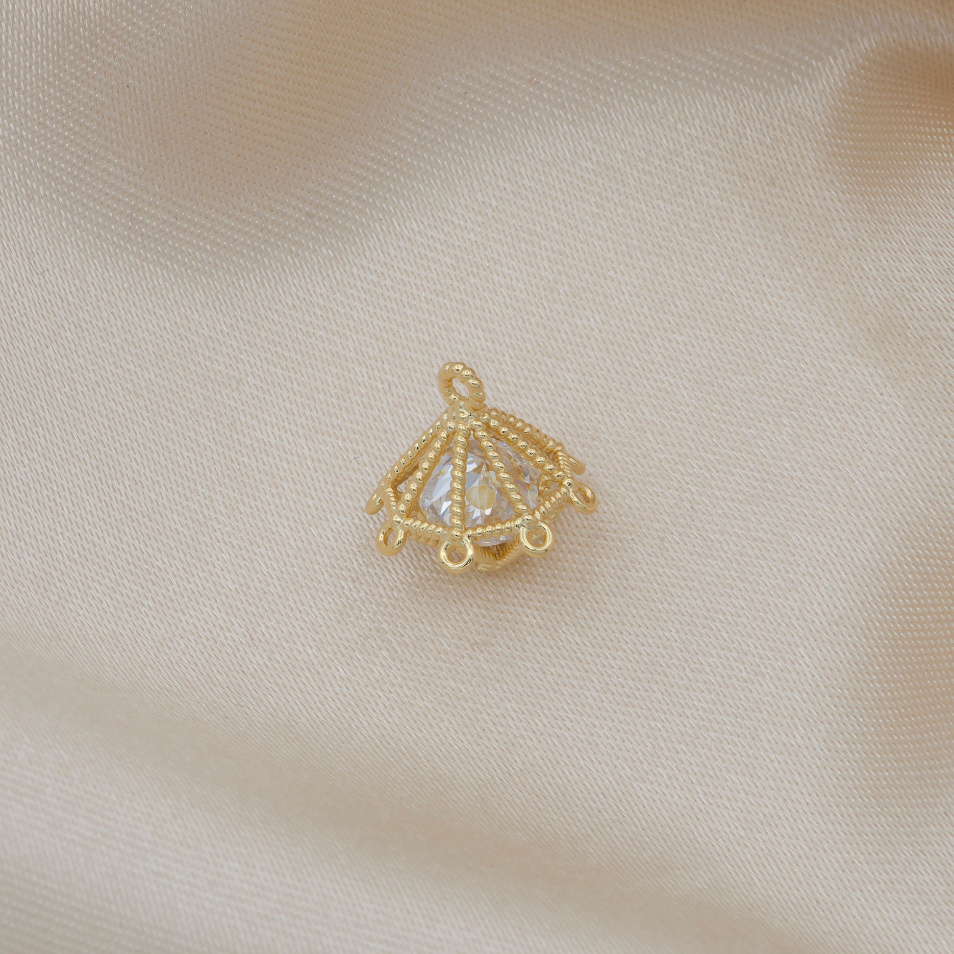 1x Gold Plated Mini Cage Pendant, Tiny Cz Dangle Charm, Spinner Charm UFO for DIY Jewelry -252